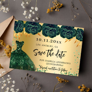 Quinceanera smaragdgroene gouden jurk bloemen save the date