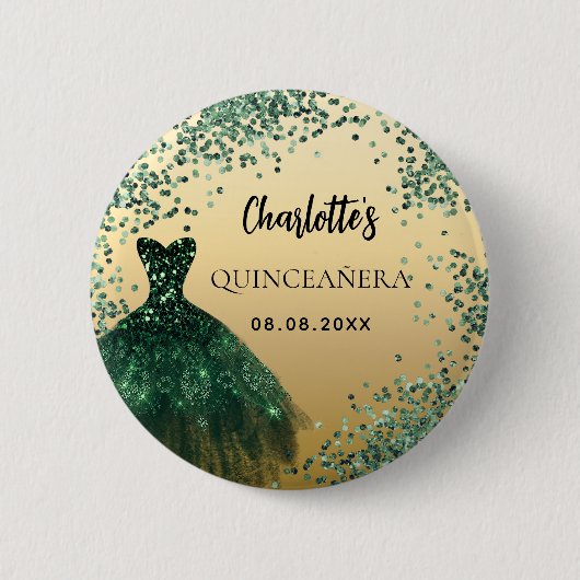 Quinceanera smaragdgroene gouden jurk ronde button 5,7 cm (Voorkant)