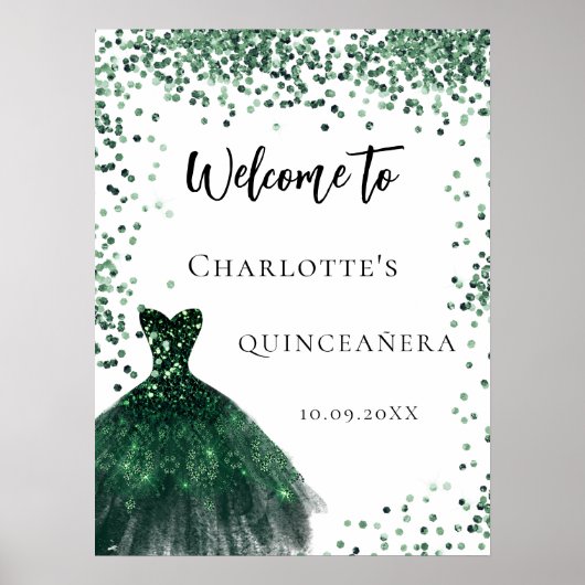 Quinceanera smaragdgroene jurk confetti welkom poster (Voorkant)