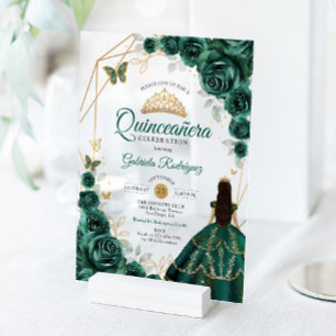 Quinceanera Smaragdgroene Jurk Goud Acryl Uitnodigingen