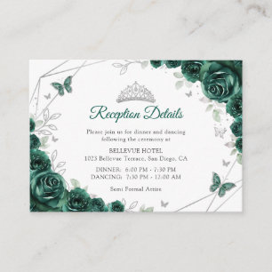 Quinceanera Smaragdgroene Zilveren Bloemendetails Informatiekaartje