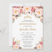 Quinceañera Soft Blush Floral Gold Tiara Butterfly Kaart (Voorkant)