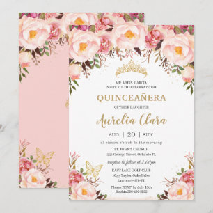 Quinceañera Soft Blush Floral Gold Tiara Butterfly Kaart