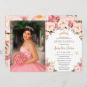 Quinceañera Soft Blush Floral Gold Tiara Butterfly Kaart (Voorkant / Achterkant)