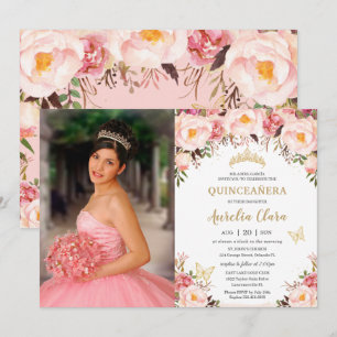 Quinceañera Soft Blush Floral Gold Tiara Butterfly Kaart