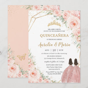 Quinceañera Soft Blush Floral Rozen Flowers Twins Kaart