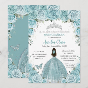 Quinceañera Soft Turquoise Floral Silver Crown Kaart