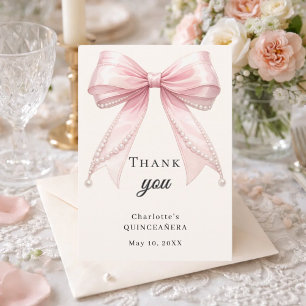 Quinceanera strik roze ivoor parels elegant bedankkaart