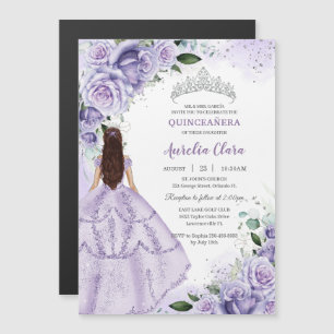 Quinceañera Sweet 16 Paarse Lavendel Bloemen Zilve Magnetische Uitnodiging