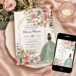 Quinceañera Sweet 16 Roze Roze Bloemen Salie Groen Kaart