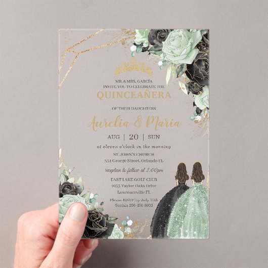 Quinceañera Sweet 16 Salie Groen Zwart Bloemen Twe Acryl Uitnodigingen (Insitu (Draagbaar))