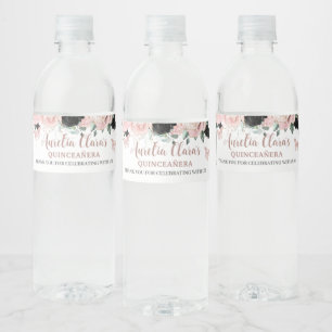 Quinceañera Sweet 16 Verjaardag Black Blush Floral Waterfles Etiket