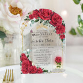 Quinceañera Sweet 16 XV Betoverde Rode Rozen Bloem Acryl Uitnodigingen