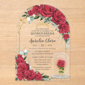 Quinceañera Sweet 16 XV Betoverde Rode Rozen Bloem Acryl Uitnodigingen (Voorkant)