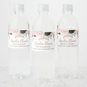 Quinceañera Sweet 16 Zwart Blush Bloemen Roos Goud Waterfles Etiket