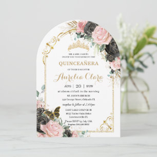 Quinceañera Sweet 16 Zwart Roze Bloemen Gouden Boo Kaart