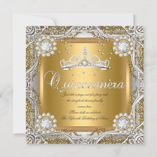 Quinceanera Tiara Gold Silver Diamond Birthday Kaart (Voorkant)
