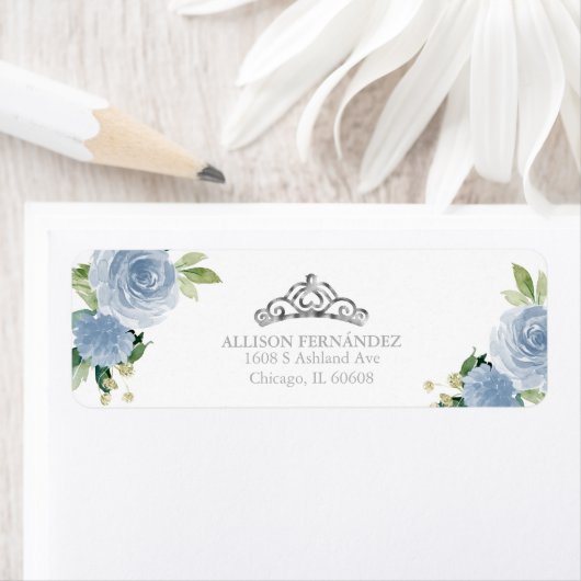 Quinceanera Tiara Silver Blue Floral Label (Insitu)