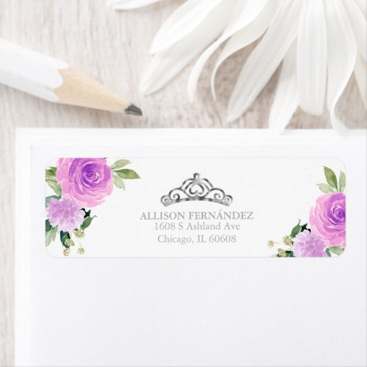 Quinceanera Tiara Silver Paars Floral Label (Insitu)