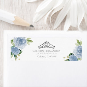 Quinceanera-tiara zilver blauw bloemlabel etiket