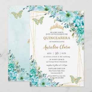 Quinceañera Turquoise Blue Floral Gold Butterflies Kaart