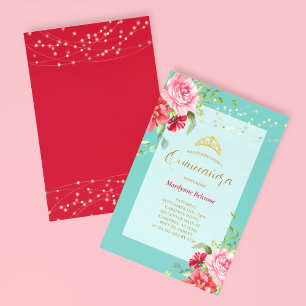 Quinceañera Turquoise Floral Gold Invitation Kaart