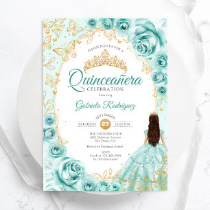 Quinceanera Turquoise Gouden Bloem Kaart