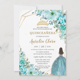 Quinceañera Turquoise Green Floral Gold Princess Kaart