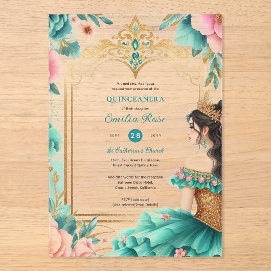 Quinceañera Turquoise Groen Gouden Mis Quince Bloe Acryl Uitnodigingen (Voorkant)