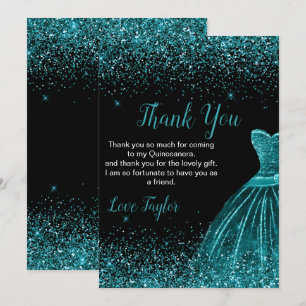 Quinceanera Turquoise Jurk Nep Glitters Bedankkaart