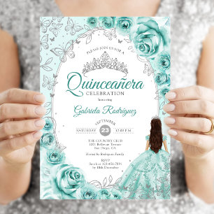 Quinceanera Turquoise Zilver Bloem Kaart