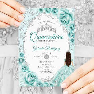 Quinceanera Turquoise Zilver Bloem Kaart