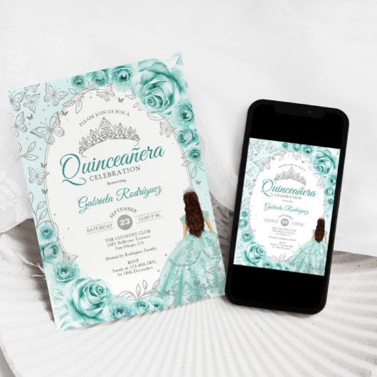 Quinceanera Turquoise Zilver Bloem Kaart