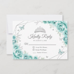 Quinceanera Turquoise Zilveren Bloemrijke Reactie RSVP Kaartje