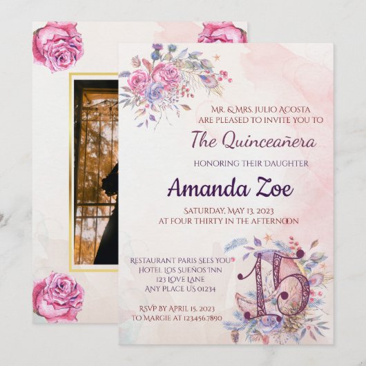 Quinceañera uitnodiging (Voorkant / Achterkant)