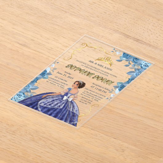 Quinceanera Uitnodiging Emerald Blue Jurk Acryl Acryl Uitnodigingen (Laagn)