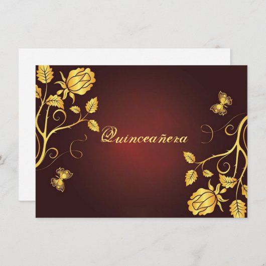 Quinceanera uitnodiging goud folie op bordeauxrood (Voorkant / Achterkant)