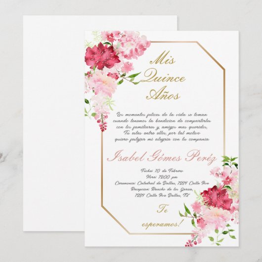 Quinceanera uitnodiging in het Spaans (Voorkant / Achterkant)