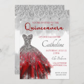 Quinceanera Uitnodiging rood zilver 15e verjaardag (Voorkant / Achterkant)