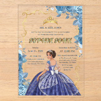 Quinceanera Uitnodiging Smaragd Blauw Acryl Jurk Uitnodigingen