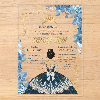 Quinceanera Uitnodiging Smaragd Blauwe Jurk Acryl Uitnodigingen