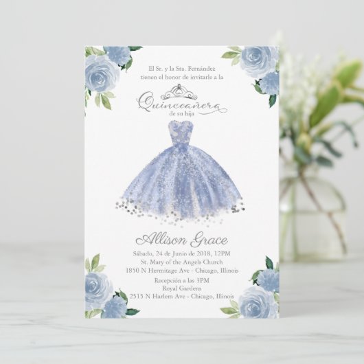 Quinceanera Uitnodiging Spaanse Blauwe Gown Bloeme (Staand voorkant)