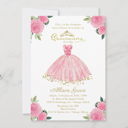 Quinceanera Uitnodiging Spaanse Hot Pink Gown (Voorkant)
