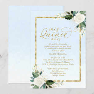 Quinceanera Uitnodiging Stof Blauw Goud Folie Bloe