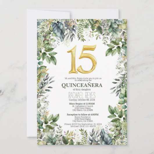 Quinceañera uitnodiging template met groen (Voorkant)