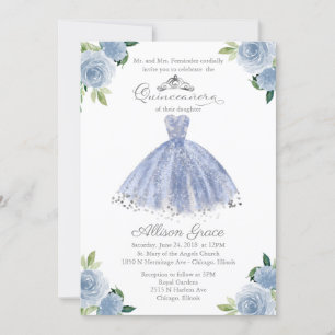 Quinceanera-uitnodiging tweetalig blauwe blos jurk kaart