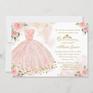 Quinceanera-uitnodiging tweetalig roze blos jurk kaart
