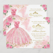 Quinceanera Uitnodiging Tweetalige Hot Pink Gown (Voorkant / Achterkant)