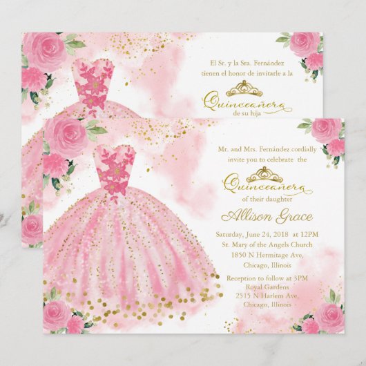 Quinceanera Uitnodiging Tweetalige Hot Pink Gown (Voorkant / Achterkant)