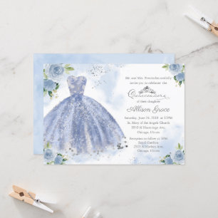 Quinceanera Uitnodiging Zilveren Licht Blauwe Jurk